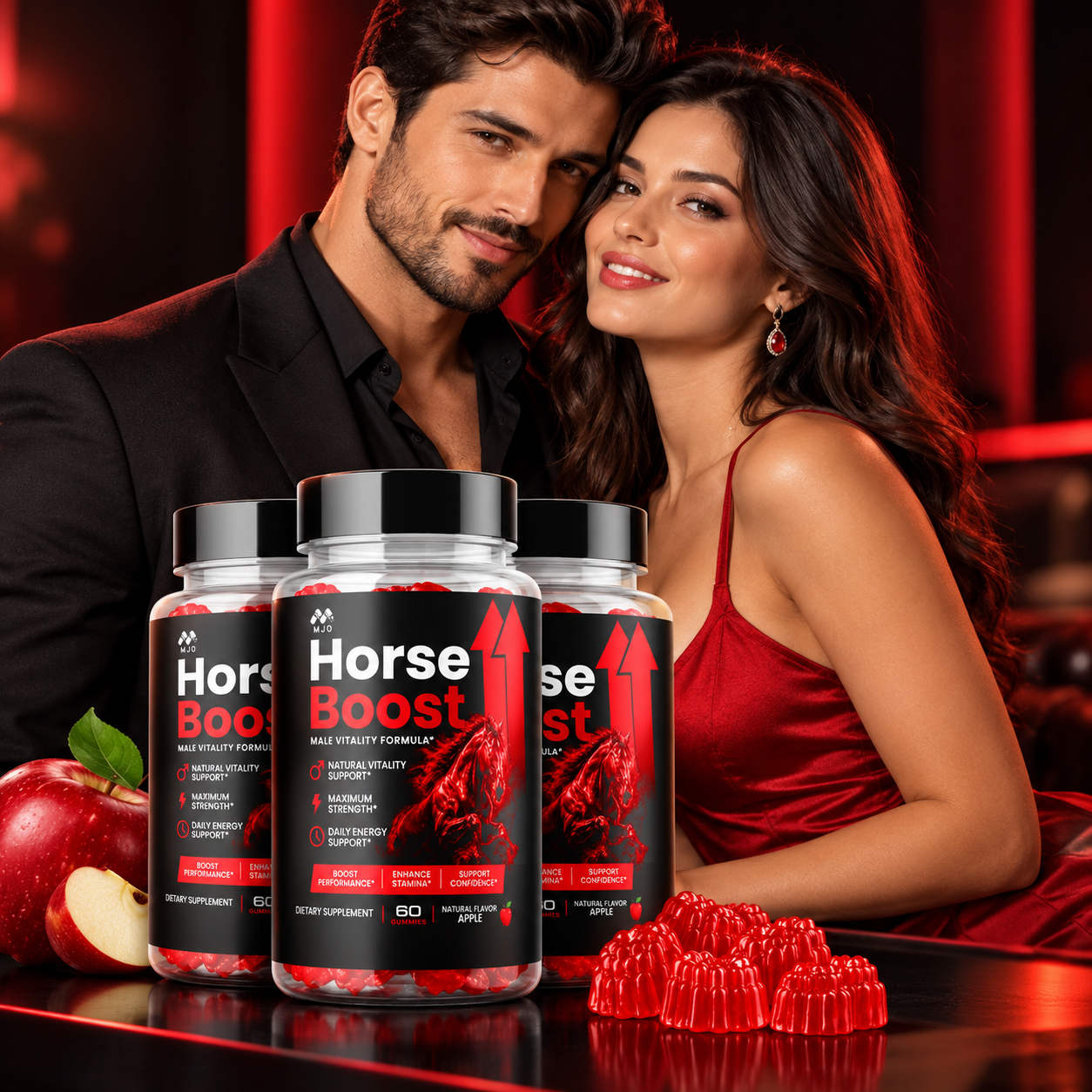 Horse Boost Red Horse Gummies jar and gummies in the supplied product advertisement